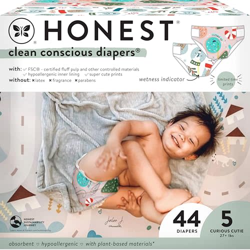 The Honest Company Clean Conscious Diapers | Plant-Based, Sustainable | Winter '24 Limited Edition Prints | Club Box, Size 5 (27+ lbs), 44 Count