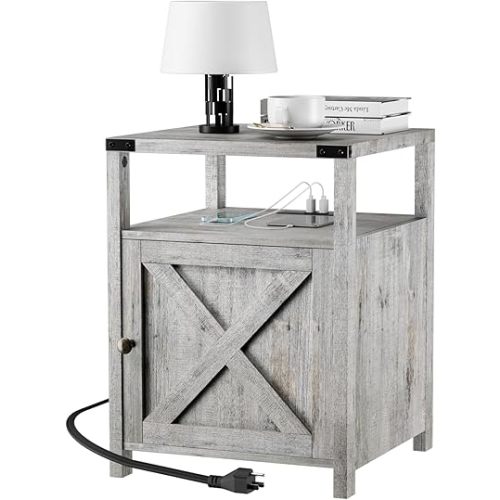 Farmhouse Nightstand with Charging Station, Grayish White End Table Bedroom with Storage Living Room Side Table Beige Night Stand Industrial Bedside Bed Table with USB Ports and Outlets