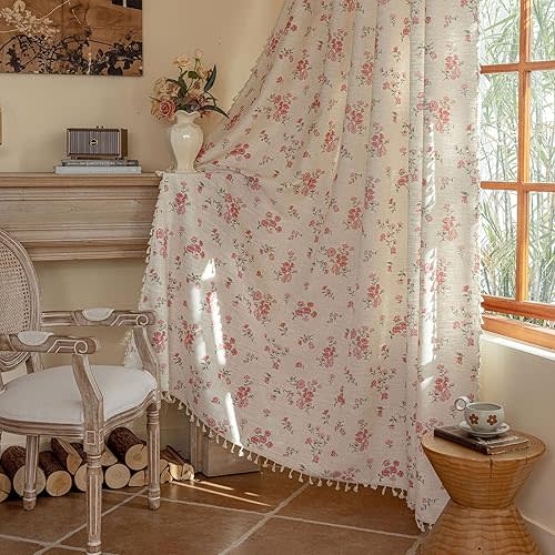 OYX Pink Boho Floral Curtains 84 Inch Long 2 panels, French Vintage Farmhouse Patterned Decor Window Drapes With Tassels, Girls Semi-Sheer Light Filtering For Bedroom Living Room (Rod Pocket, 52Wx84L)