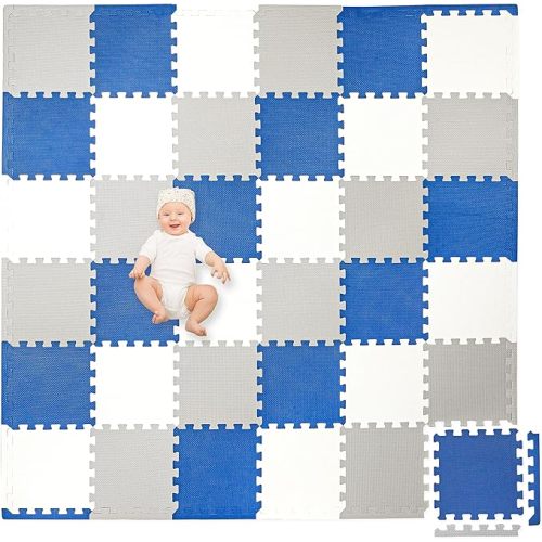 Play Platoon Non-Toxic Foam Puzzle Floor Mat, Comfortable, Extra Thick, Cushiony Exercise and Play Mat for Toddlers, Kids & Adults, 36 Tiles (12"x12"), Grey/Cream/Navy