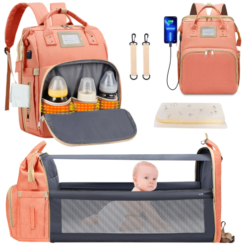 Diaper Bag Backpack, Multifunctional Baby Diaper Bag with Changing Station, Large Capacity Travel Backpack with Insulated Milk Bottle Pocket&Foldable Crib, USB Charging Port(Pink)