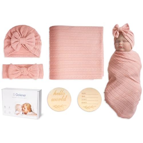 Baby Blankets,5PCS Security Blanket for Babies - Swaddle Adjustable Wearable Blanket, 5pcs Newborn Accessories Set with Hello World Wooden Birth Announcement Card, Baby Blankets for Girls&Boys (Pink)