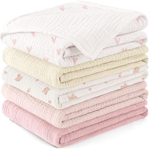 Susurration Muslin Burp Cloths Baby Washcloths 100% Cotton Burp Cloths Baby Girl 5 Pack, Absorbent and Soft Cloth Diapers 23.6 * 23.6 inch, Baby Girl Newborn Essentials (Butterfly & Heart)