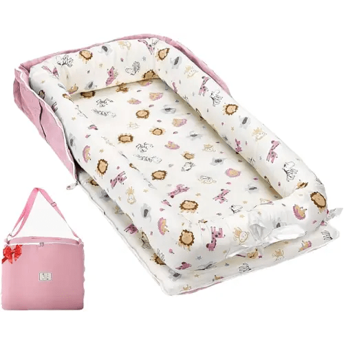 Baby Lounger for Newborns & Infants 0–24 Months, 100% Cotton Breathable Infant Support Cushion with Adjustable Size, Portable Baby Nest for Home and Travel, Baby Shower Gift (Animal World Pink)