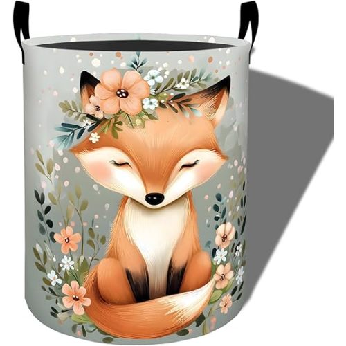 Cute Fox with Flower Crown Laundry Basket, Foldable Oxford Cloth, Waterproof Dirty Clothes Hamper with Handles, Clothing Storage Bucket Toy Organizer for Bathroom Bedroom Dorm, 19.7"x15.7"
