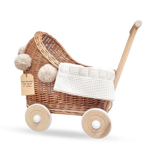 Wiklibox Natural Rattan Doll Stroller - Hand Made in Europe - Fits 17" Dolls & Plush Toys - Wicker Doll Pram & Baby Walker with Bedding Set - Perfect for Imaginative Play | Natural-Ecru