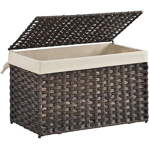 SONGMICS Storage Basket with Lid, 17.2 Gallon (65L) Storage Bin, Woven Blanket Storage Basket with Handles, Foldable, Removable Liner, Metal Frame, for Bedroom, Laundry Room, Brown URST56BR