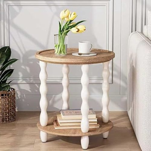 Round End Table, 2-Tier Farmhouse End Table, 18.5'' Handcrafted Weathered Look Wooden Nightstand Accent Table, Pine Leg, Small Side Tables for Living Room, Small Space, Bedroom, Boho, Easy Assembly