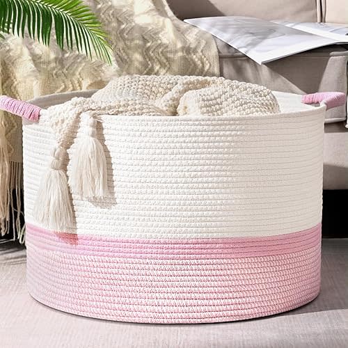 Large Blanket Basket, 20"x13" Woven Storage Baskets With Handle, Cotton Rope Blanket Basket Living Room, Baby Laundry hamper for Blanket, Nursery, Toy, Pillow (White & Pink)