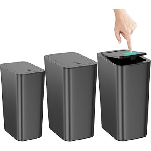 N. NETDOT Bathroom Trash Can with Lid 3 Pack Set, 2 Packs 4 Gal Slim Kitchen Trash Bin and 1 Pack 2.6Gal Garbage Can, Small Trash Can/Trash Bin/Waste Basket for Bedroom (Black, Pack of 3)