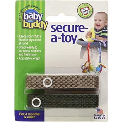 Baby Buddy Secure-A-Toy, Safety Strap Secures Toys, Teether, or Pacifiers to Strollers, Highchairs, Car Seats—Adjustable Length to Keep Toys Sanitary CleanTan-Olive 2 Count
