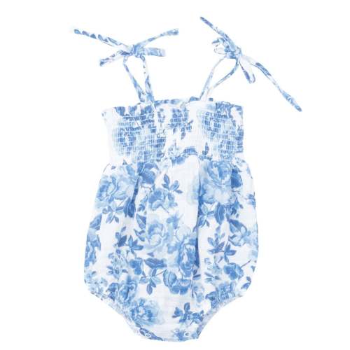 Tie Strap Smocked Bubble, Roses in Blue