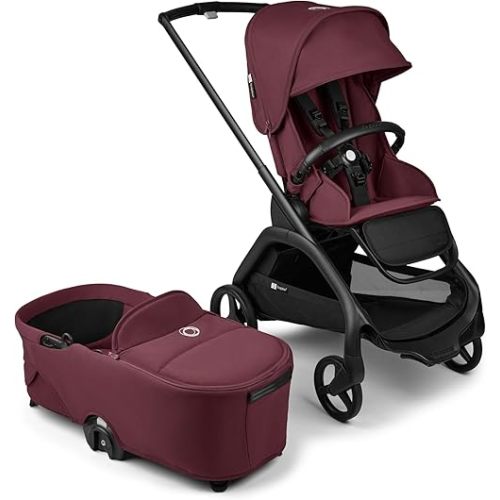 Bugaboo Dragonfly City Stroller with Full-Size Baby Bassinet and Toddler Seat, One Hand Easy Fold in Any Position, Full Suspension, Large Basket, Black Chassis and Dark Cherry Sun Canopy