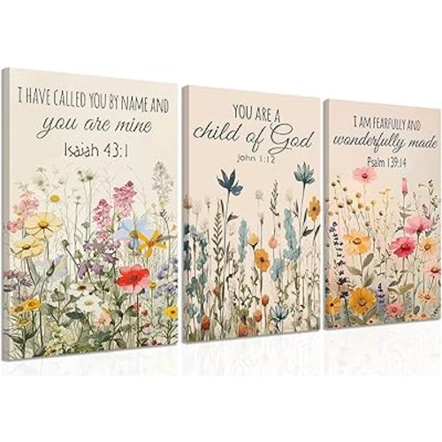 3Pcs Christian Floral Scripture Canvas Wall Art, Wildflower Bible Verse Posters Wall Decor, Psalm Religious Faith Art Pictures Prints for Living Room Bedroom Decorations 12x16in Framed