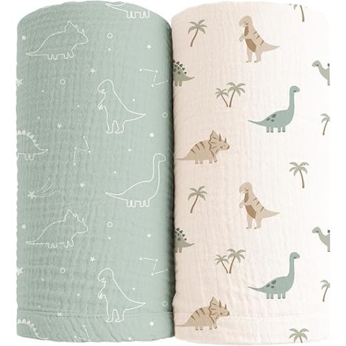 Konssy Muslin Swaddle Blankets for Girls Boys, 2 Pack Receiving Baby Blanket Large 47 x 47 inches, Soft Breathable Swaddling Wrap for Unisex Newborn (Dino Jungle,Sage Dino)