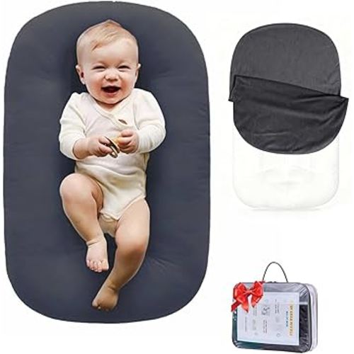 Baby Lounger 0-24 Months 100% Cotton,Soft & Breathable Tummy Time Mat for Newborn Infant Play Mat,Babies Essentials Gifts,Gray(Lounger Cover Included)