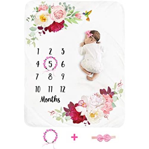 Baby Monthly Milestone Blanket Girl - Floral Newborn Month Blanket Personalized Shower Gift Soft Plush Fleece Photography Background Photo Prop Flower Blanket with Wreath Headband Large 51''x40''