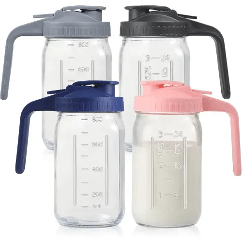4 Pack 32oz Glass Pitcher with Lid, Double Leakproof Glass Mason Jar Pitcher with Pour Spout Lid, 1 Quart, Wide Mouth Storage Container for Breastmilk, Sun Tea, Juice, Cold Brew Coffee, Water