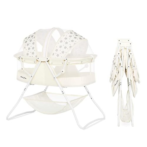 Karley Bassinet in French White, Lightweight Portable Baby Bassinet, Quick Fold and Easy to Carry , Adjustable Double Canopy, Indoor and Outdoor Bassinet with Large Storage Basket.