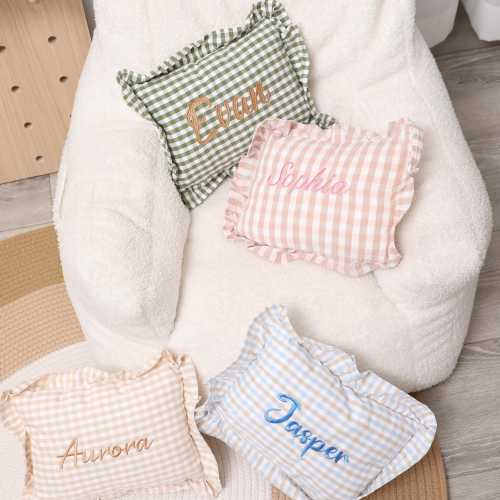 Personalized Baby Name Pillow/Soft Plaid Nursery Cushion with Ruffled Trim/Custom Embroidered Gift for Shower/Newborn/Baptism/Gender Reveal