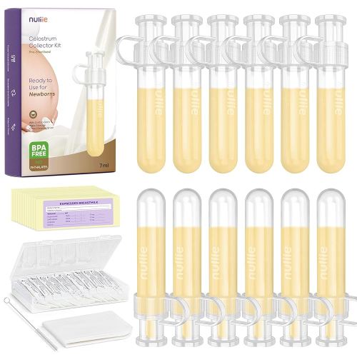Nuliie Colostrum Collector Kit 7ml/12pcs, Leakproof, Reusable Breast Milk Collector, Heat & Freezer Resistant, BPA-Free, With Cotton Cloth Wipe, Storage Case, Cleaning Brush -Ready-to-Use for Newborns