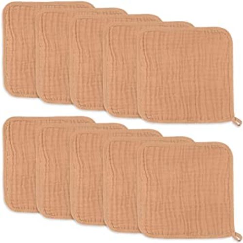 Baby Washcloths, Muslin Cotton Baby Towels, Large 10”x10” Wash Cloths Soft on Sensitive Skin, Absorbent for Boys & Girls, Newborn Baby & Toddlers Essentials Shower Registry Gift (Caramel, Pack of 10)