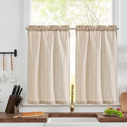 Linen Cafe Curtains 24 Inch Length Striped Tier Curtains Ticking Stripe Small Drapes for Living Room Bathroom Cafe Small Window Farmhouse Rustic Pinstripe Rod Pocket 2 Panels Tan