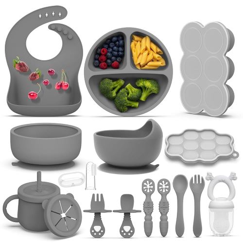 16 Pack Silicone Baby Feeding Set, BPA-Free Toddler Feeding Supplies, Include Suction Plates, Baby Bowls, Silicone Fork & Spoon, and More, First Stage Baby Dish Set - 6+ Months(Grey)