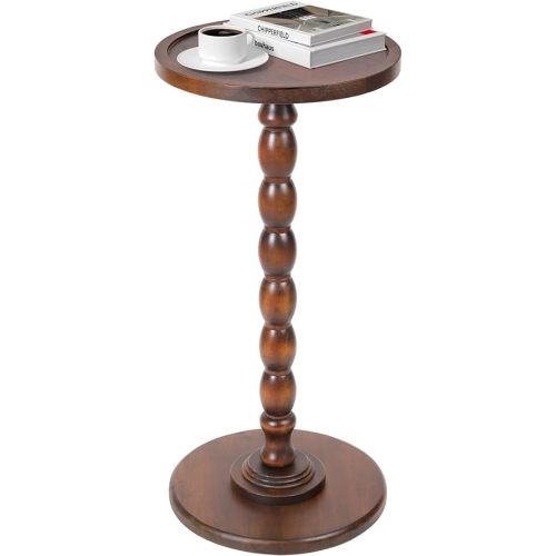 Solid Wood Round Pedestal Side Table with Tray-Top Rim – Bobbin Turned Accent End Table for Living Room, Bedroom – Compact Small Round Drink Table with Stable Base, Nightstand with Solid Table Wood