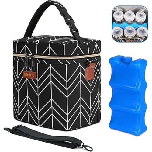 Mancro Breastmilk Cooler Bag, Insulated with Ice Pack, Fits 6 Baby Bottles Up to 9 Oz with On-The-Go Strap, Perfect for Nursing Moms and Daycare, Black Wave