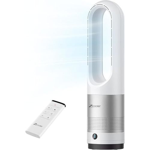 Zicooler Bladeless Fan for Bedroom, 22" Quiet Oscillating Tower Fan with Remote, 8 Speeds, 90° Wide-Angle, 35dB Quiet, 9H Timer, LED Display, Compact Bladeless Tower Fan for Living Room Office Kitchen