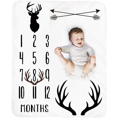 Baby Monthly Milestone Blanket Boy - Deer Newborn Month Blanket Neutral Personalized Shower Gift Woodland Nursery Decor Photography Background Prop with Frame Large 51''x40''