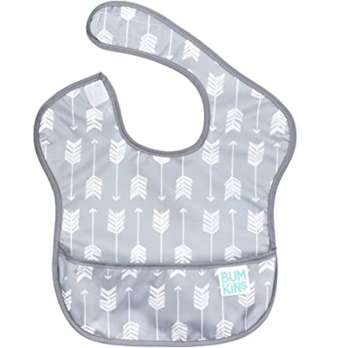 Bumkins Bibs for Girl or Boy, SuperBib Baby and Toddler for 6-24 Mos, Essential Must Have for Eating, Feeding, Baby Led Weaning Supplies, Mess Saving Catch Food, Waterproof Soft Fabric, Gray Arrows
