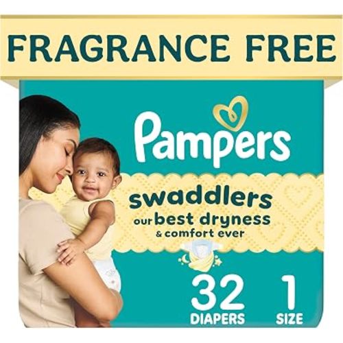 Pampers Swaddlers Diapers, Size 1 (8-14 lbs), 32 Count, Hypoallergenic, Absorbent, Keeps Baby Dry and Comfortable, Skin Safe Disposable Newborn Baby Diaper