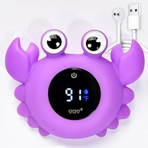 Baby Bath Thermometer with Floating Toys & Room Temperature Monitor - Rechargeable Digital Thermometer with Temperature Alerts, Bath Essentials for Newborns, Infants Crab (Purple)