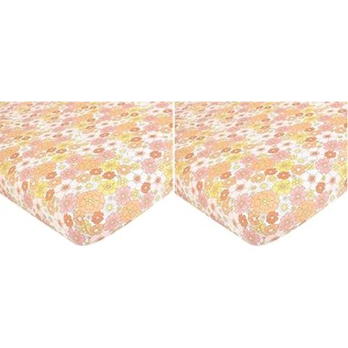 Hudson Baby Unisex Baby Cotton Fitted Crib Sheet, Peace Love Flowers, One Size (Pack of 2)