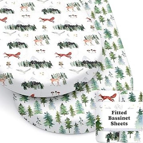 Baby Bassinet Sheets for Boy, Girl (Woodland Forest Animals) 2-Pack - Fitted Bedside Bassinet Sheets - Buttery Soft Cotton Blend for Standard Mattress Pad - Compatible with Halo BassiNest