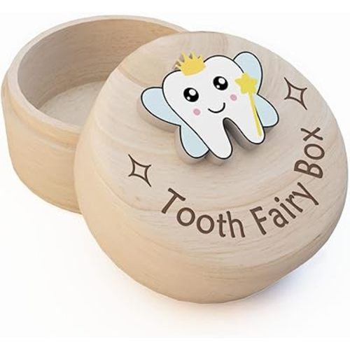 Tooth Fairy Box, Carved Wooden Box with 3D Tooth, Stores Lost Teeth for Kids, Easy to Carry, Suitable Size and Durable, Dropped Tooth Keepsake Storage Box for Boy or Girl(B-Wings-T)