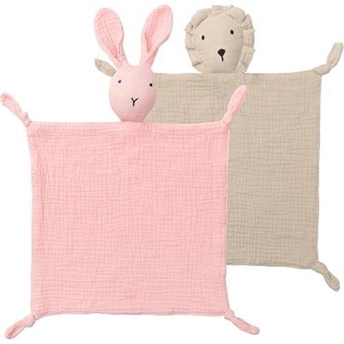 Organic Cotton Bunny & Lion Loveys Soft Breathable Newborn Security Blanket, Perfect Present for Baby Newborns, Toddlers Boy Girl, Neutral Muslin Fabric for Comfortable Sleep & Play