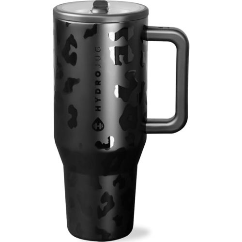 HydroJug Traveler - 40 oz Water Bottle with Handle & Flip Straw - Fits in Cup Holder, Leak Resistant Tumbler-Reusable Insulated Stainless Steel & Rubber Base - Gifts for Women & Men, Black Leopard