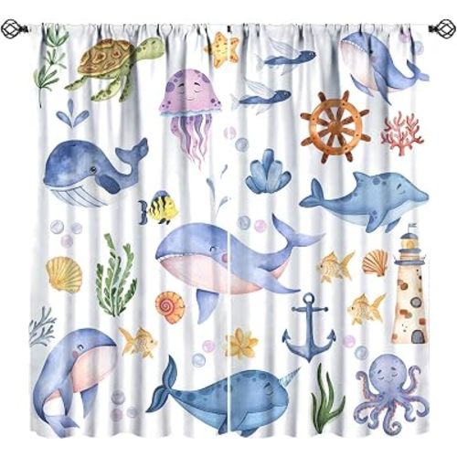 Cute Blue Whale Curtains, Watercolor Underwater Animals Ocean Sea Life Cartoon Fish Seaweeds Corals Print Window Treatments for Kids Bedroom Livingroom, 42x45in (No Blackout)