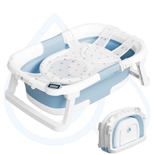 Aprpink Foldable Baby Bathtub PP+TPE with Soft Bath Net&Thermometer for 0-36 Months Toddler Light Blue