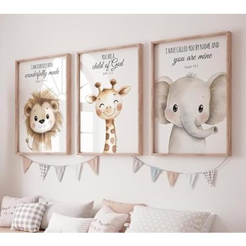 3 Pieces You Are Child Of God Wall Art Prints Posters Lion, Elephant, Giraffe Animals Canvas Painting Neutral Nursery Artwork for Gray Nursery Bedroom Decor with Inner Frame