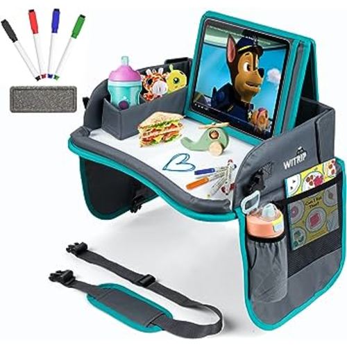 Kids Travel Tray with Dry Erase Board, Car Seat Tray for Food & Play Activity, Carseat Table Trays for Toddler, Kid Activity Desk for Air Travel, No-Drop Tablet Holder & Borders (Grey with Blue Frame)