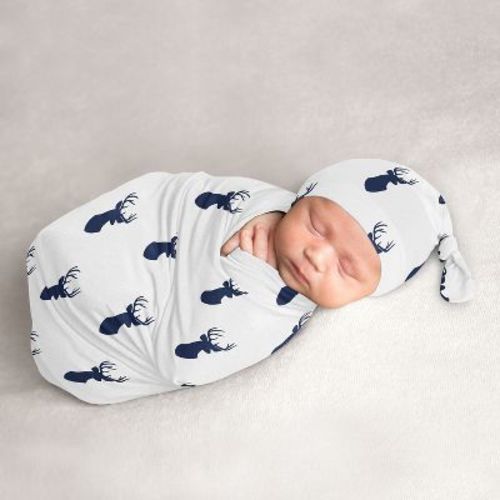 Sweet Jojo Designs Boy Baby Cocoon and Beanie Hat Swaddle Wrap Woodland Deer Blue and White 2pc