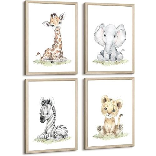 Safari Nursery Wall Art Decor Baby Animal Canvas Wall Art Woodland Nursery Wall Decor Kids Jungle Animal Pictures Safari Giraffe Elephant Tiger Prints for Room Bedroom Set of 4 8x10 Inch Wood Framed