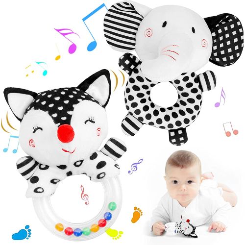 FPVERA Baby Rattles 0-6 Months: Soft Rattles for Babies 0-6 Months Newborn Sensory Toys, High Contrast Black and White Baby Toys 0-3 Months Plush Rattle Toy for Infant Boys Girls Shower Gift, 2PCS