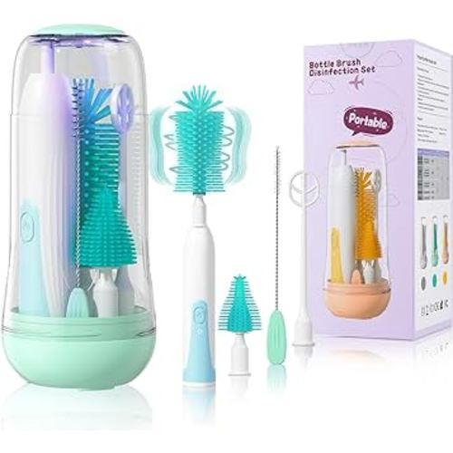 Electric Travel Baby Bottle Brush Set with Storage Box, Automatic Bottle Cleaner Brush Kit with Silicone Bottle/Nipple/Straw Brush, Milk Frother Electric and Drainage Rack, Rechargeable, Green