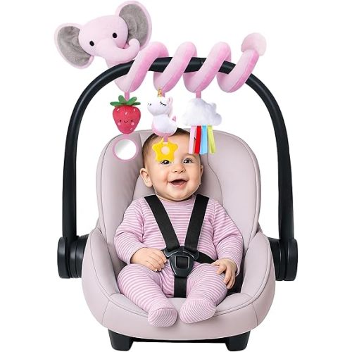 Stuffed Spiral Car Seat Toys for Baby Girls 0-6 Months, Perfect Newborn Gifts for Girls Essentials, Cute Pink Elephant Plush Items