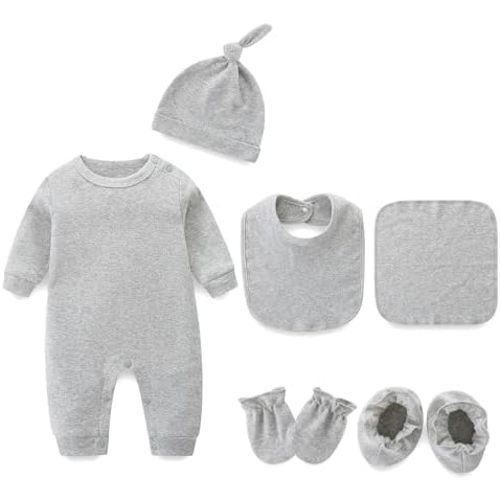 Infant Romper+Burp Cloth+Bib+Mittens+Shoes+Cap Set Breathable Healthy Fabric Tops for Baby